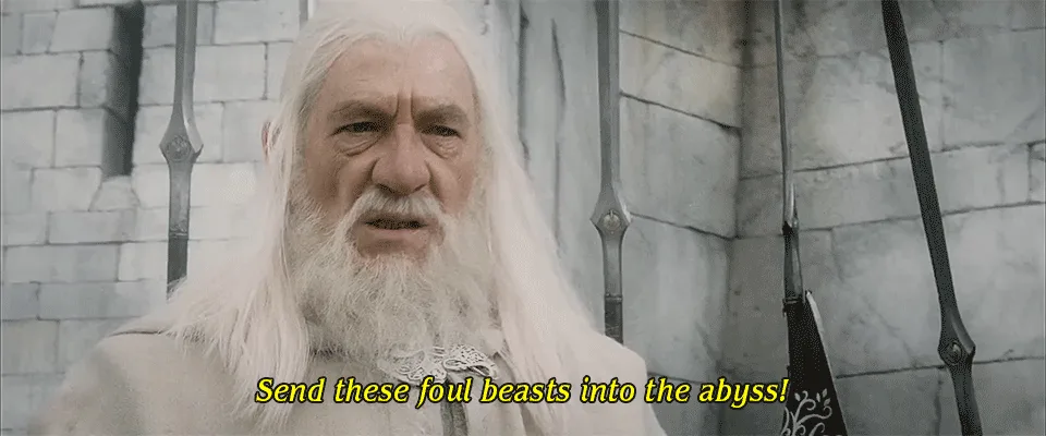 The image shows six sequential frames of Gandalf the White from 'The Lord of the Rings' movie, each time repeating the…