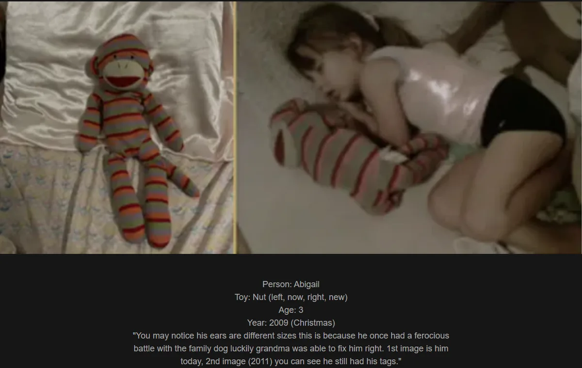 The image is split into two panels: left shows a striped sock monkey toy named 'Nut' on a bed, right shows a young girl…