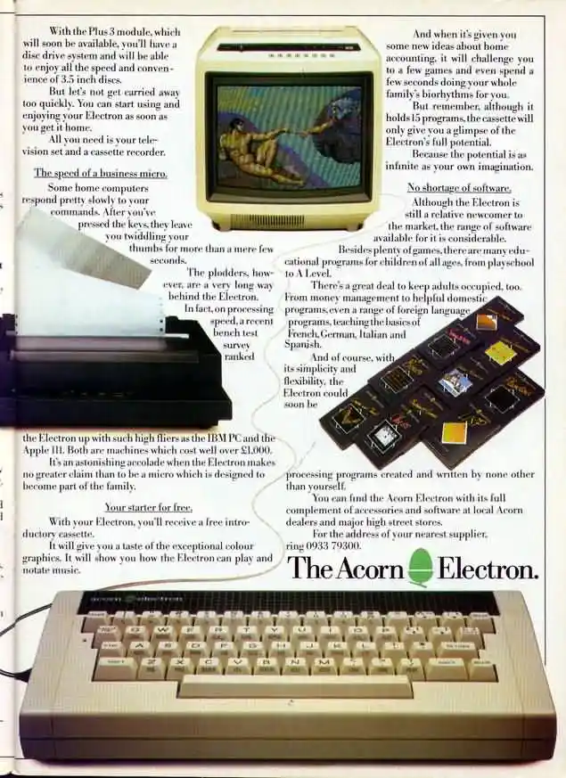 This is a vintage 1980s print advertisement for the Acorn Electron home computer. The ad features a large photo of the beige…