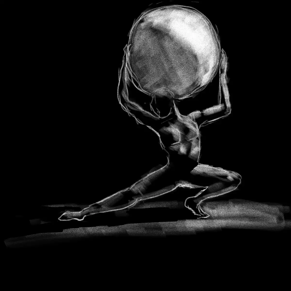 A black-and-white sketch depicts a skeletal figure kneeling with its head bowed, hands clasped near its face in a posture of…