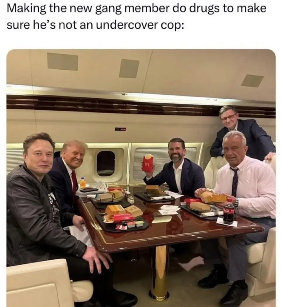 Four men are seated around a polished wooden table inside a private jet, eating McDonald's food from boxes and trays. Elon…