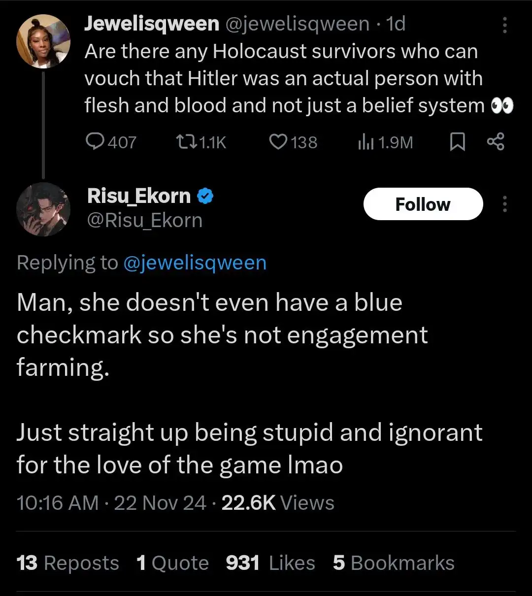 A screenshot of a Twitter thread shows user @jewelisqween asking Holocaust survivors to vouch Hitler was a real person. A…