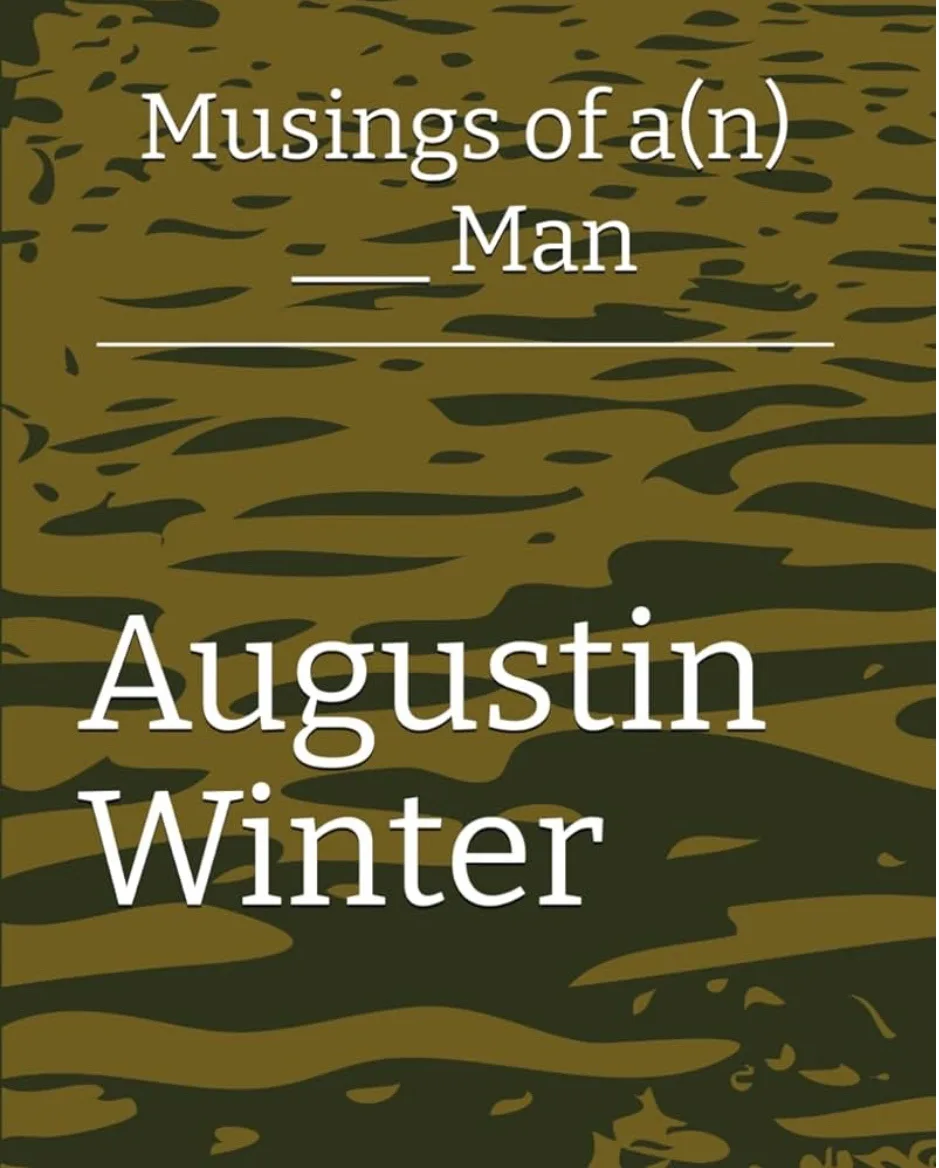 The image displays a book cover-style design with a camouflage pattern in shades of olive green and dark green. White serif…