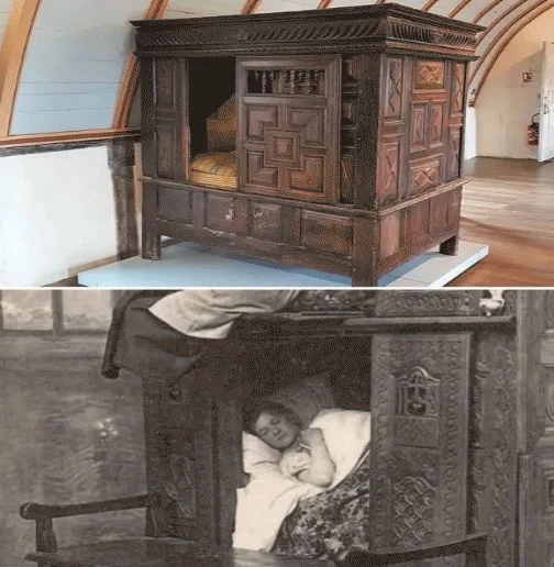 A collage of images showing a wooden four-poster bed in a store, a person sleeping inside it, and the exterior of a 'BOX BED…