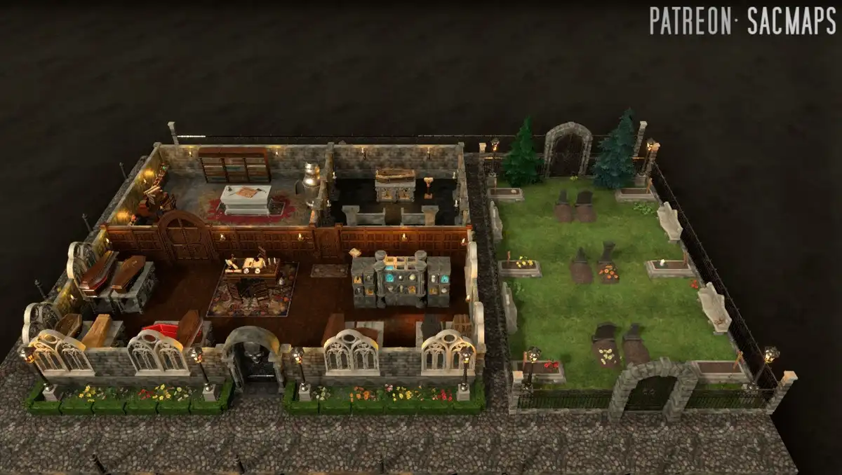 An overhead view of a dark, gothic-style house with multiple rooms, including a library, a lab, and a bedroom, all…