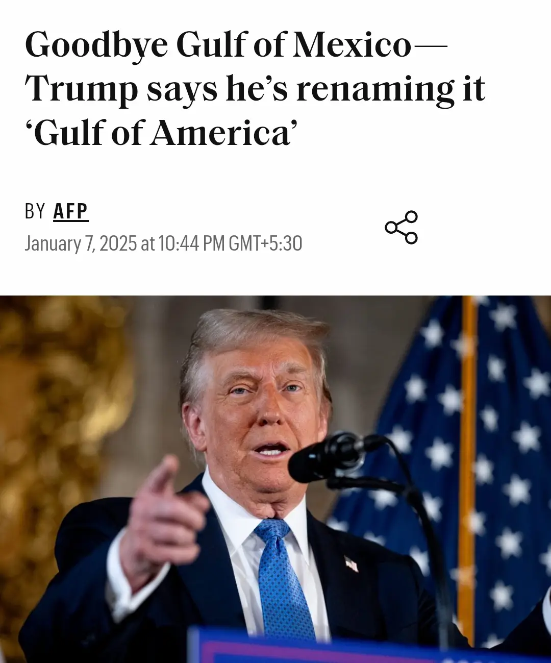 The image shows a screenshot of a fake news article with a headline claiming Donald Trump is renaming the Gulf of Mexico to…