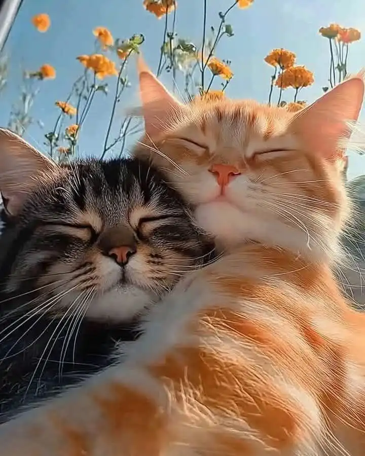 Two cats are cuddling outdoors under a blue sky with orange flowers in the background. One is a dark tabby with closed eyes…