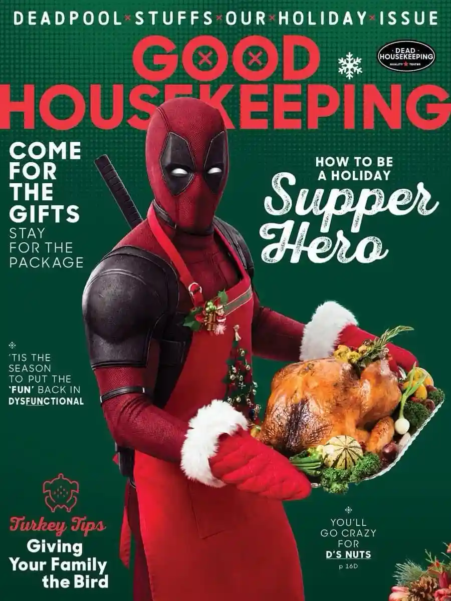 The image is a parody magazine cover featuring the character Deadpool dressed in a red apron and Santa-style oven mitts…