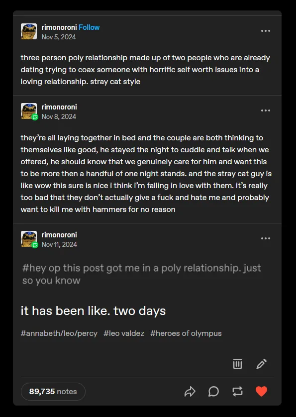 A screenshot of a Tumblr post by user 'rimonoroni' showing three sequential comments about a fictional three-person…
