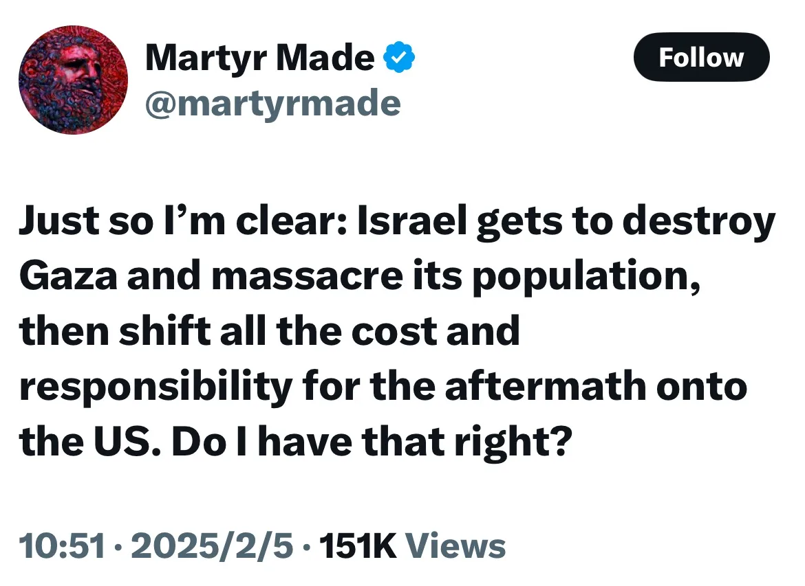 A screenshot of a tweet from the verified account 'Martyr Made' (@martyrmade) with a red and blue abstract profile picture…
