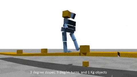 A sequence of four frames shows a blue, blocky 3D animated character walking along a yellow platform. In the first frame…