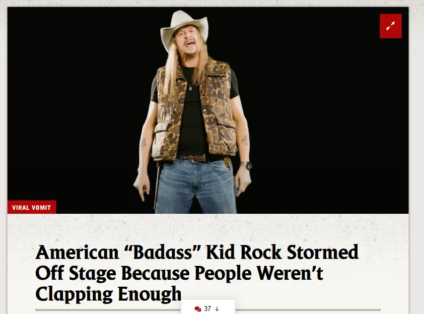 A man with long blonde hair, wearing a cowboy hat, camouflage vest, and jeans, stands against a black background with his…