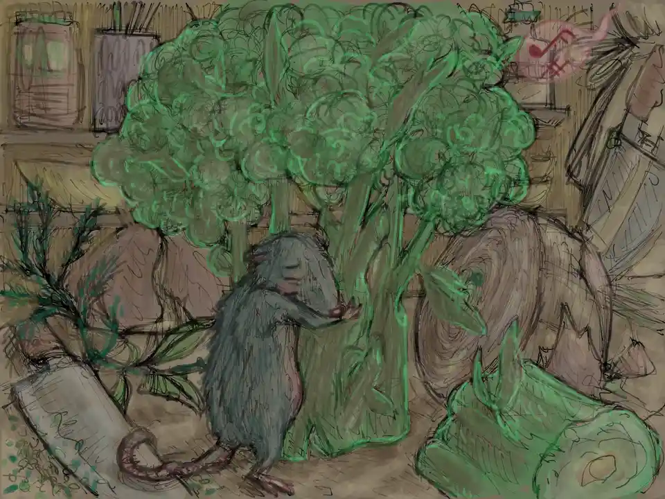 A hand-drawn sketch depicts a grey rat standing upright and hugging a large, green, broccoli-like plant. The rat has a…