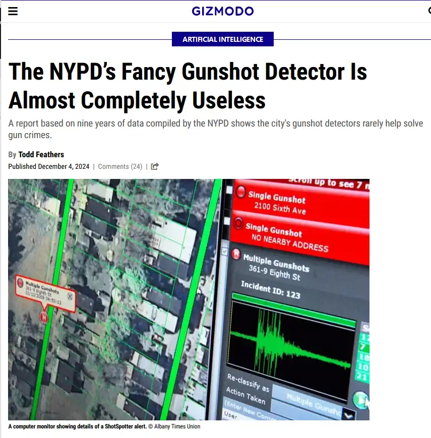 A screenshot of a Gizmodo article titled 'The NYPD's Fancy Gunshot Detector Is Almost Completely Useless' shows a computer…