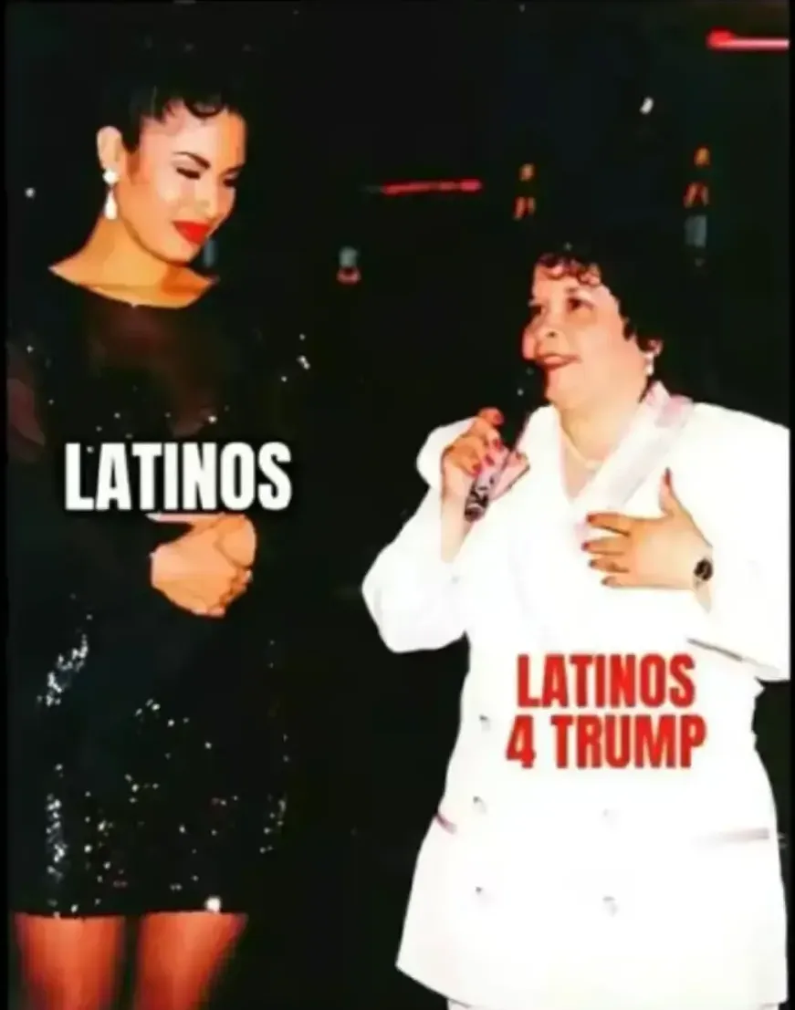 Two women are pictured side by side; the woman on the left wears a black sequined dress and has the word 'LATINOS' overlaid…