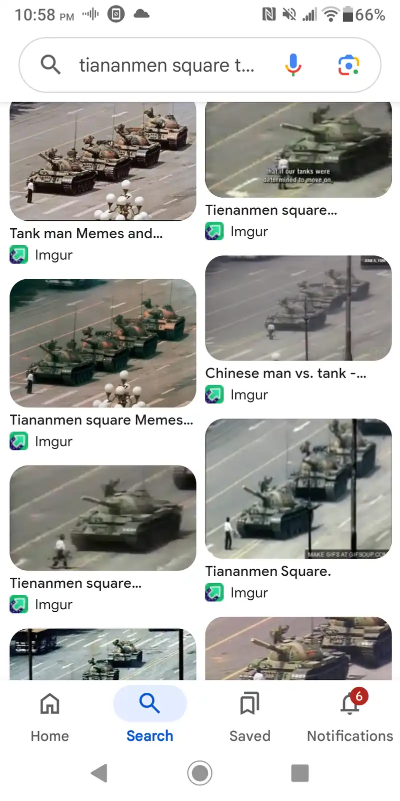 A smartphone screen shows a Google search for 'tiananmen square t...' with search results displaying multiple images of…