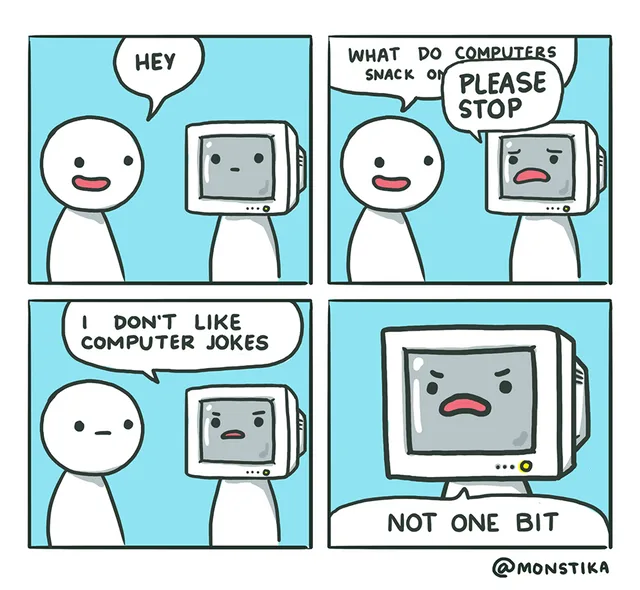 A four-panel comic shows a person talking to a computer with a face on its screen. The person asks what computers snack on…