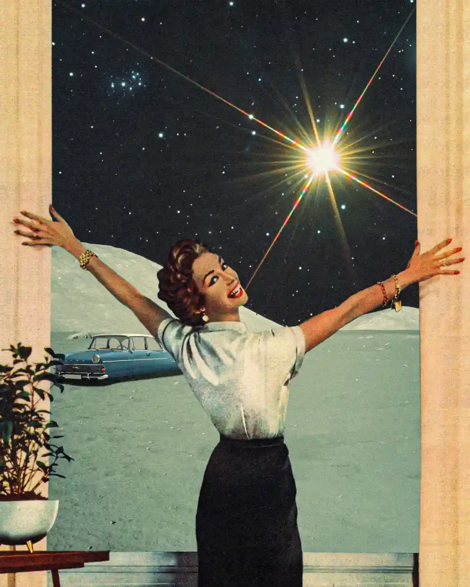 A vintage illustration shows a smiling woman in a white blouse and black skirt standing in a doorway with arms outstretched…