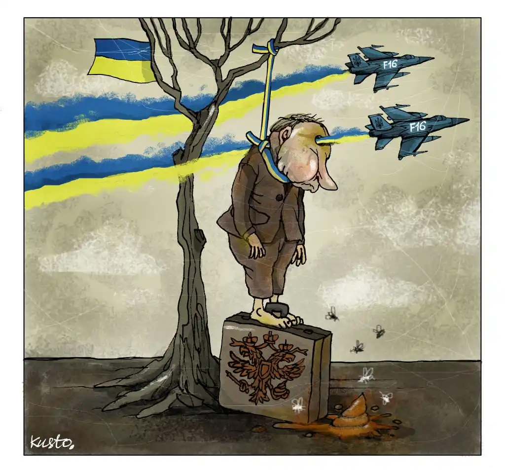 A cartoon depicts a man with a long nose hanging from a tree by a blue-and-yellow ribbon, standing on a suitcase with a…