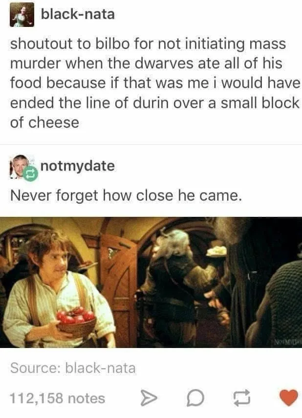 The image shows Bilbo Baggins holding a basket of fruit, looking annoyed as dwarves in the background eat his food. The…