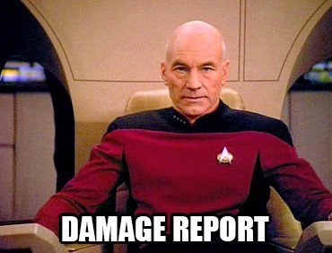 A still image of Captain Jean-Luc Picard from Star Trek: The Next Generation, seated in his command chair, looking sternly…