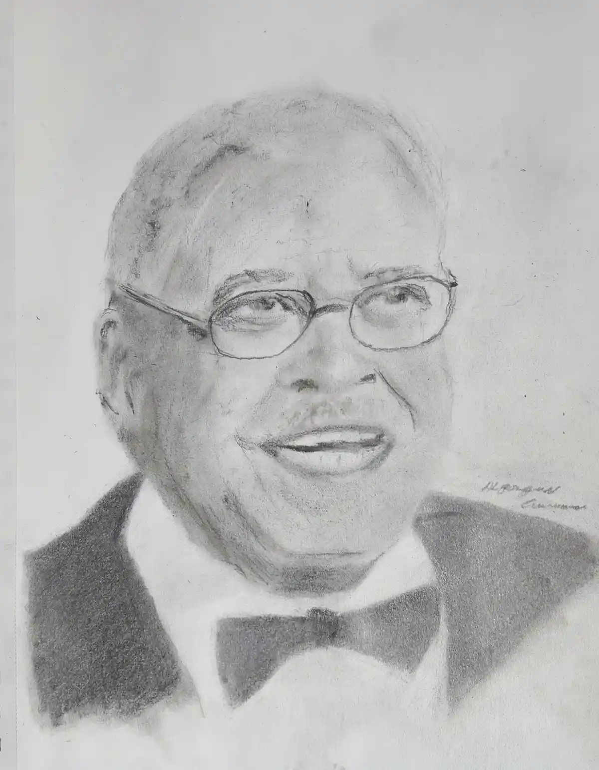 A pencil sketch of an older man with glasses, a bow tie, and a suit, smiling. The text overlaid on the image reads 'i'm not…