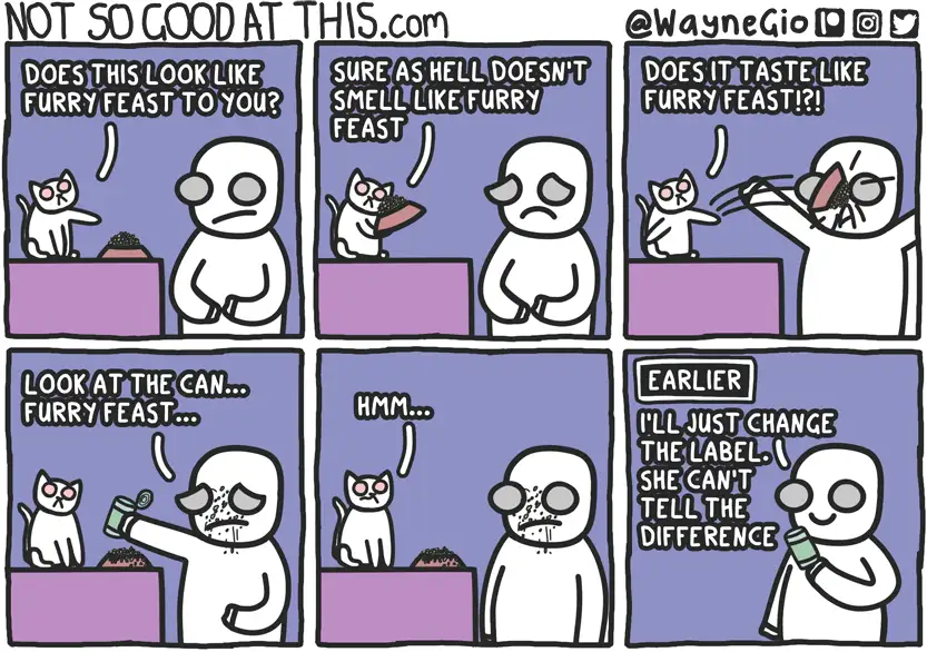A six-panel comic strip shows a person trying to convince a cat that canned food is 'Furry Feast' by appealing to sight…