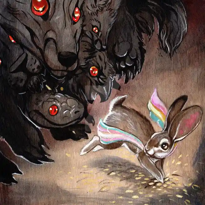 A small, cute rabbit with rainbow-colored ears and a rainbow ribbon around its waist is eating gold coins on the ground…