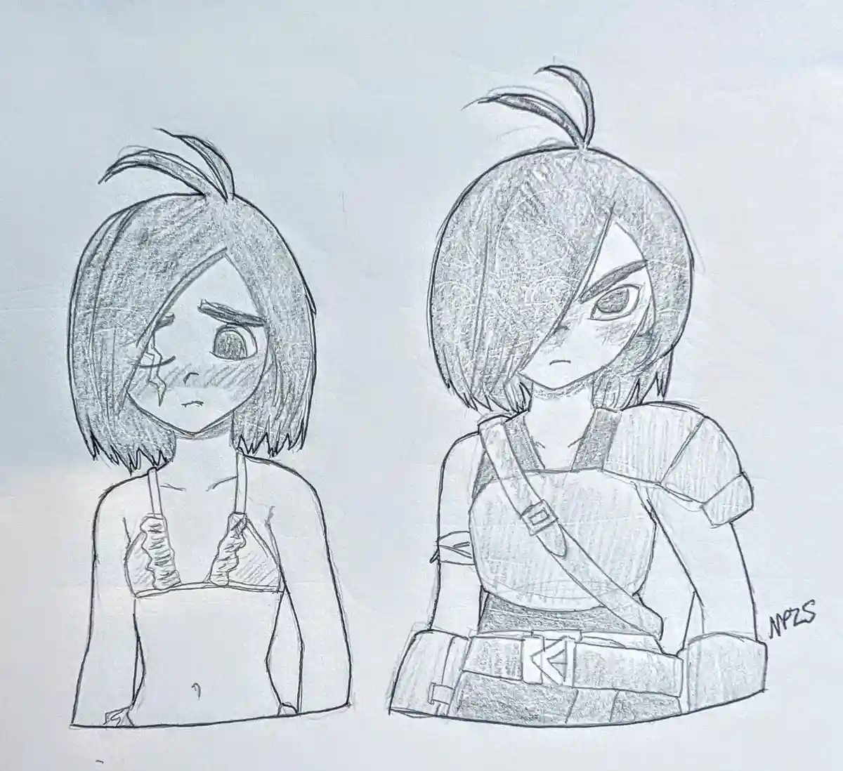 A pencil sketch shows two anime-style female characters side by side. The character on the left is crying with a tear on her…