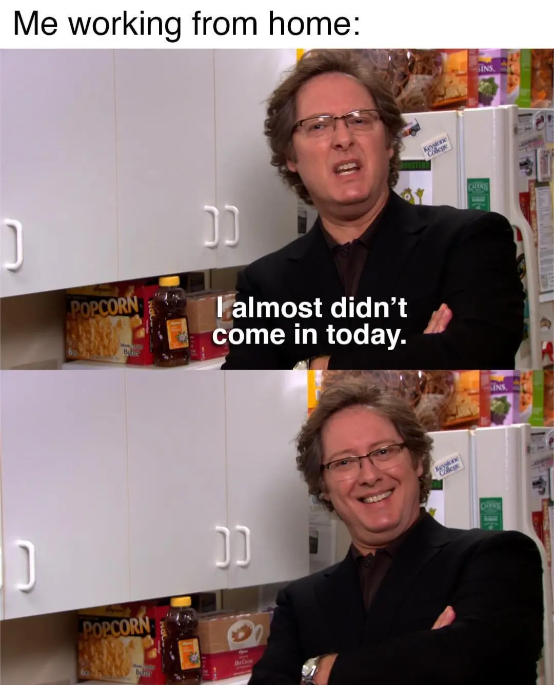 The image is a two-panel meme featuring actor Michael C. Hall in a kitchen setting. In the top panel, he has a weary…