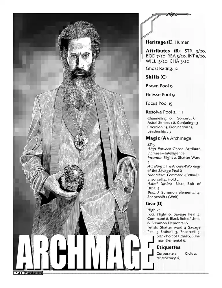 A black-and-white illustrated portrait of a bearded man in a suit holding a crystal ball, next to a detailed character sheet…