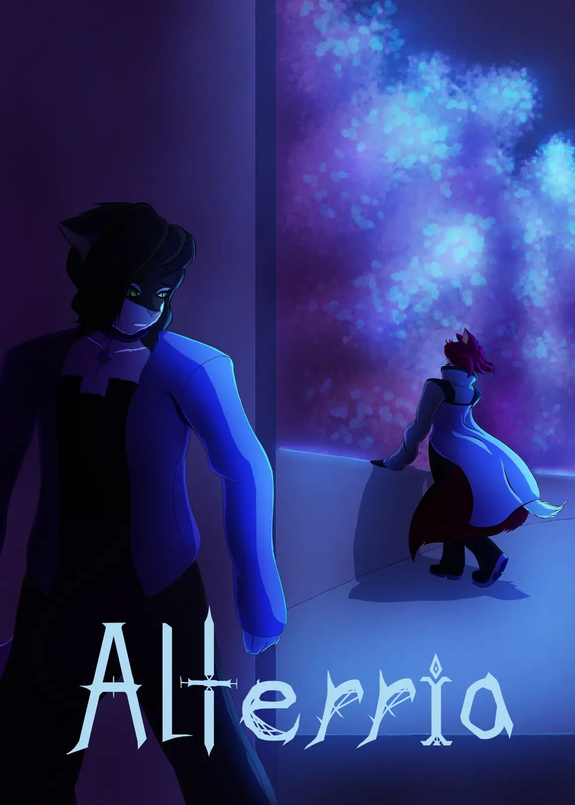 An anime-style illustration shows two anthropomorphic characters in a dimly lit room with purple and blue lighting. One…