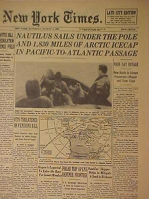 A vintage New York Times newspaper front page from 1958, featuring a headline about the USS Nautilus submarine's historic…