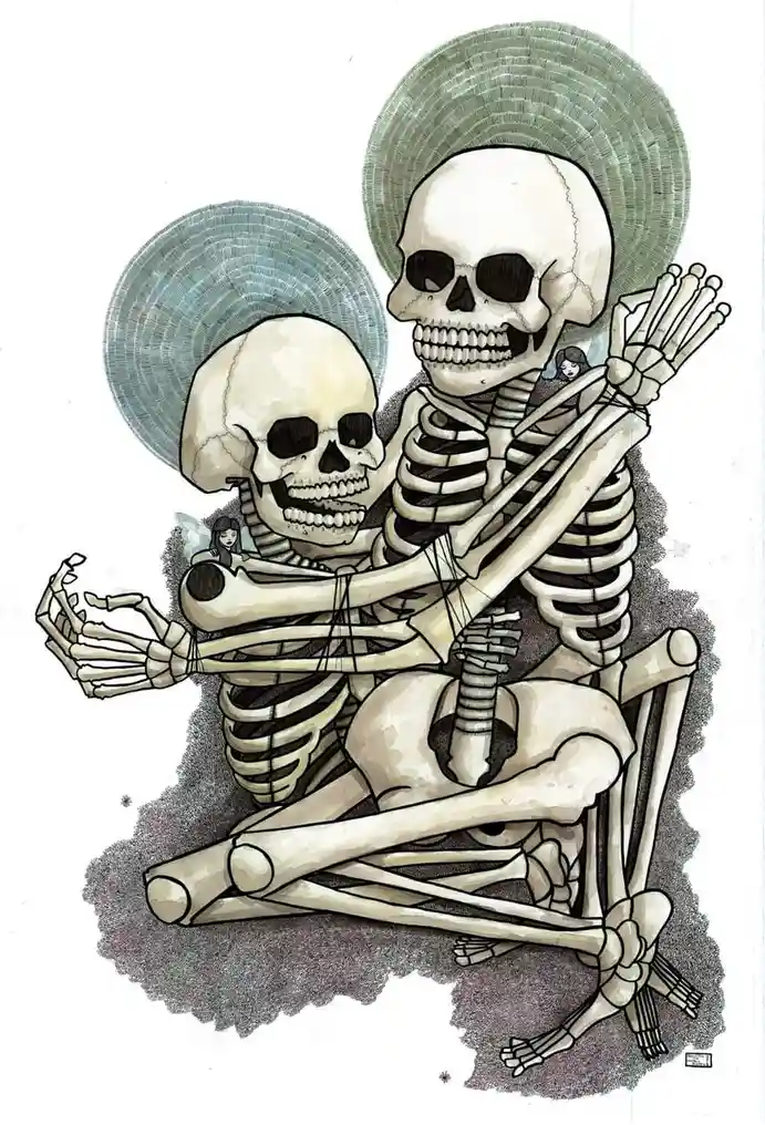 Two skeletons are sitting together in a chair, each with a halo behind their head, and small human figures peeking out from…