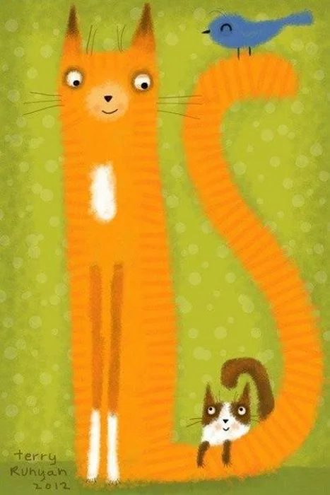 An illustration of a tall orange cat with a long, curved tail that forms the letter 'S' against a green polka-dotted…