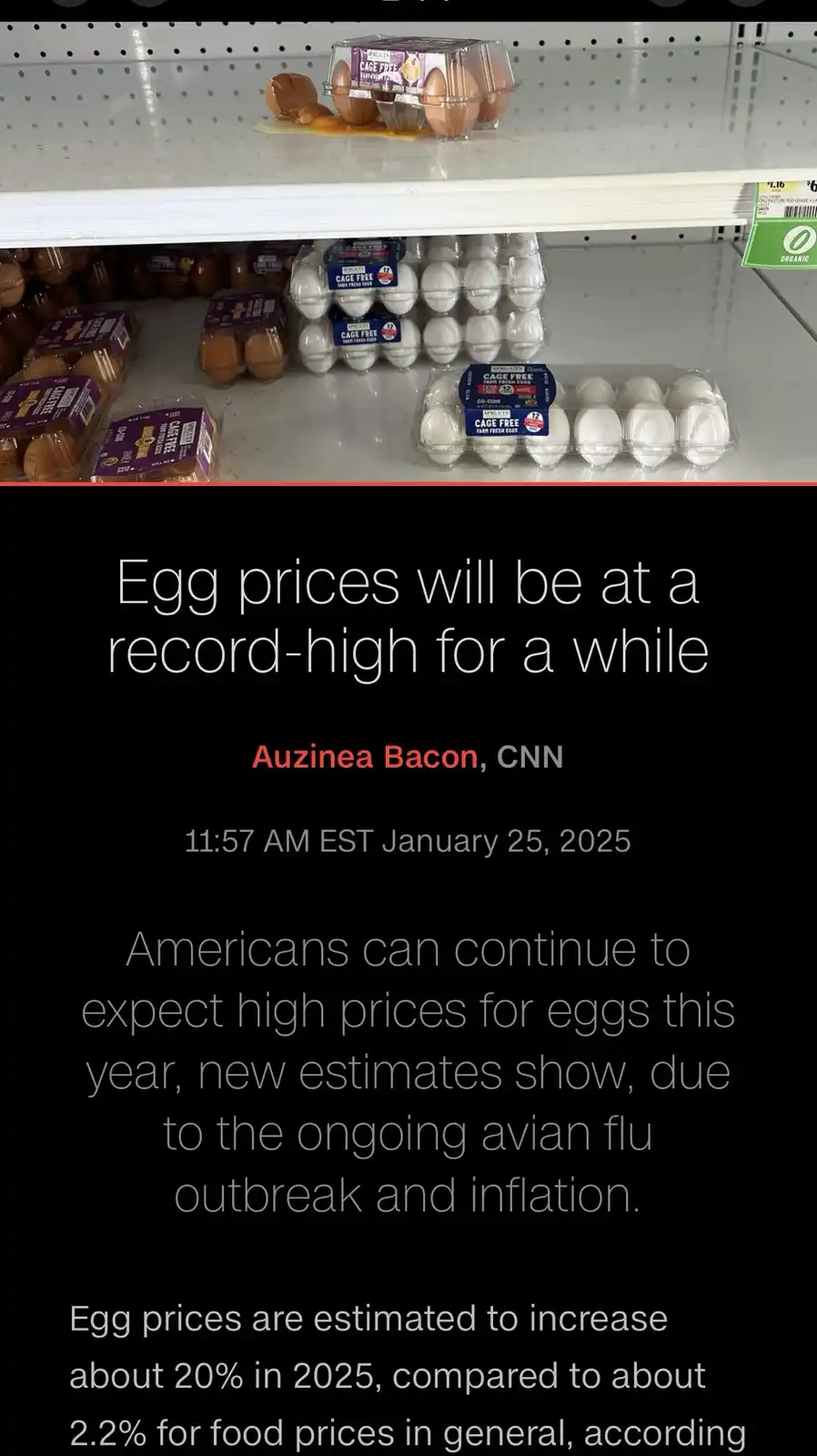 A grocery store shelf displays egg cartons, with one carton on the top shelf visibly broken and leaking yolk. Overlaid text…