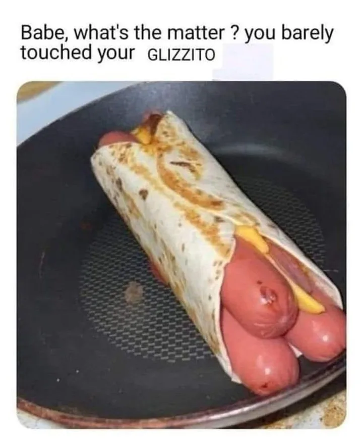A close-up photo shows a tortilla wrapped around several hot dogs and cheese, sitting in a black frying pan. The overlaid…