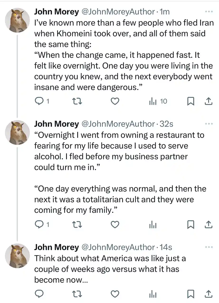 A screenshot of three consecutive tweets from user John Morey, each with a profile picture of an owl. The first tweet…