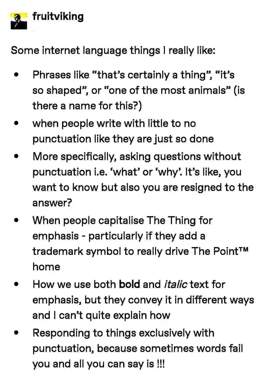 A screenshot of a social media post by 'fruitviking' listing internet language quirks they like, including phrases like…