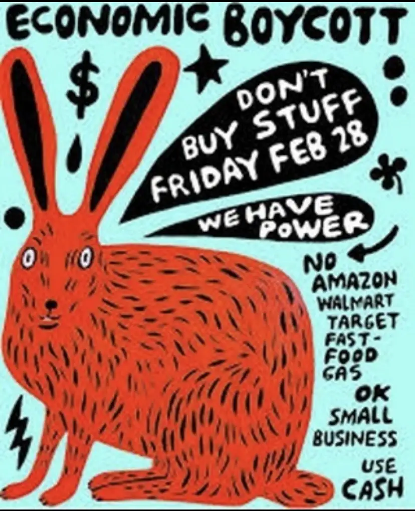 A stylized red rabbit illustration with black outlines and a light blue background. Text overlays include 'ECONOMIC BOYCOTT'…