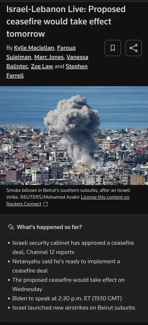 A screenshot of a news article shows a large plume of smoke rising from a densely built city near the sea, with the headline…