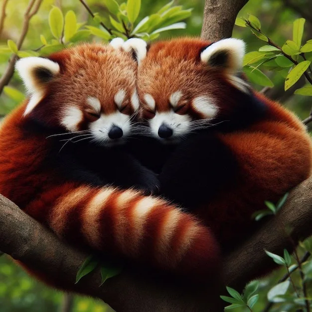 Two red pandas are curled up together on a tree branch, appearing to be asleep with their eyes closed and heads touching…