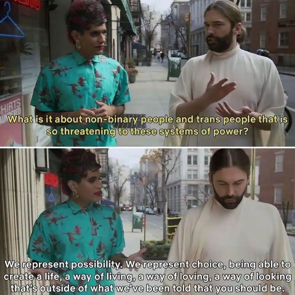 Two people are shown in a street scene, one in a teal floral shirt and the other in a white robe. The top panel has text…
