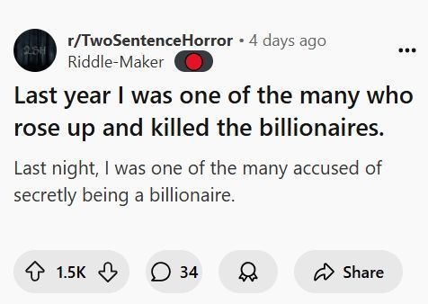 A screenshot of a Reddit post from r/TwoSentenceHorror showing a riddle with two sentences: 'Last year I was one of the many…