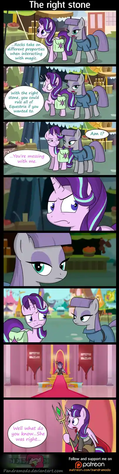 A comic strip featuring Twilight Sparkle and a grey pony discussing a magical stone that could rule Equestria. The grey pony…