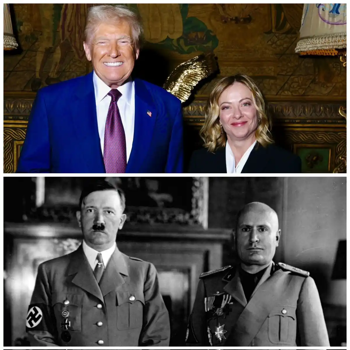The image is a two-panel meme. The top panel shows Donald Trump in a blue suit and a woman in a black blazer, both smiling…
