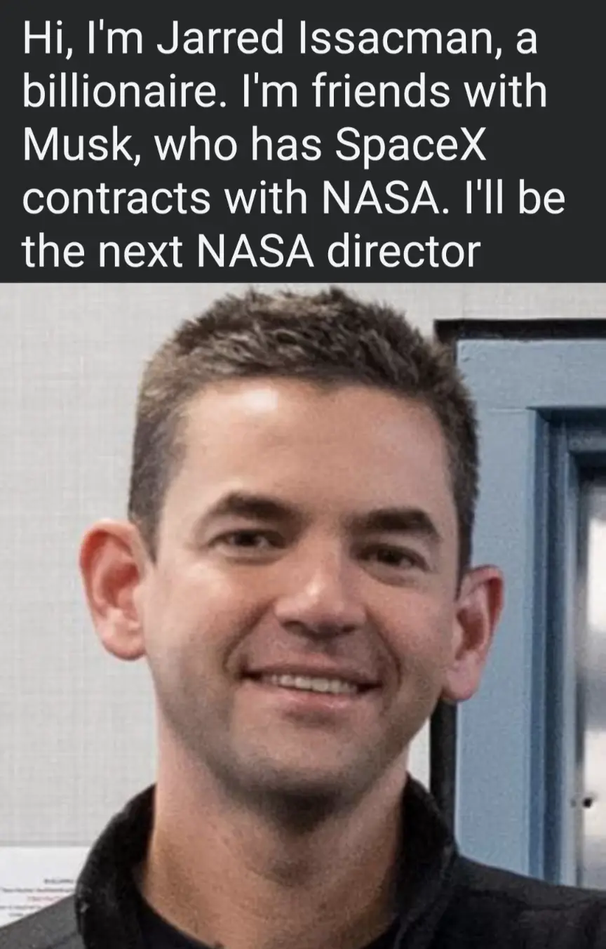 A headshot of Jarred Isaacman smiling, overlaid with text claiming he's a billionaire, friends with Musk, and will be the…