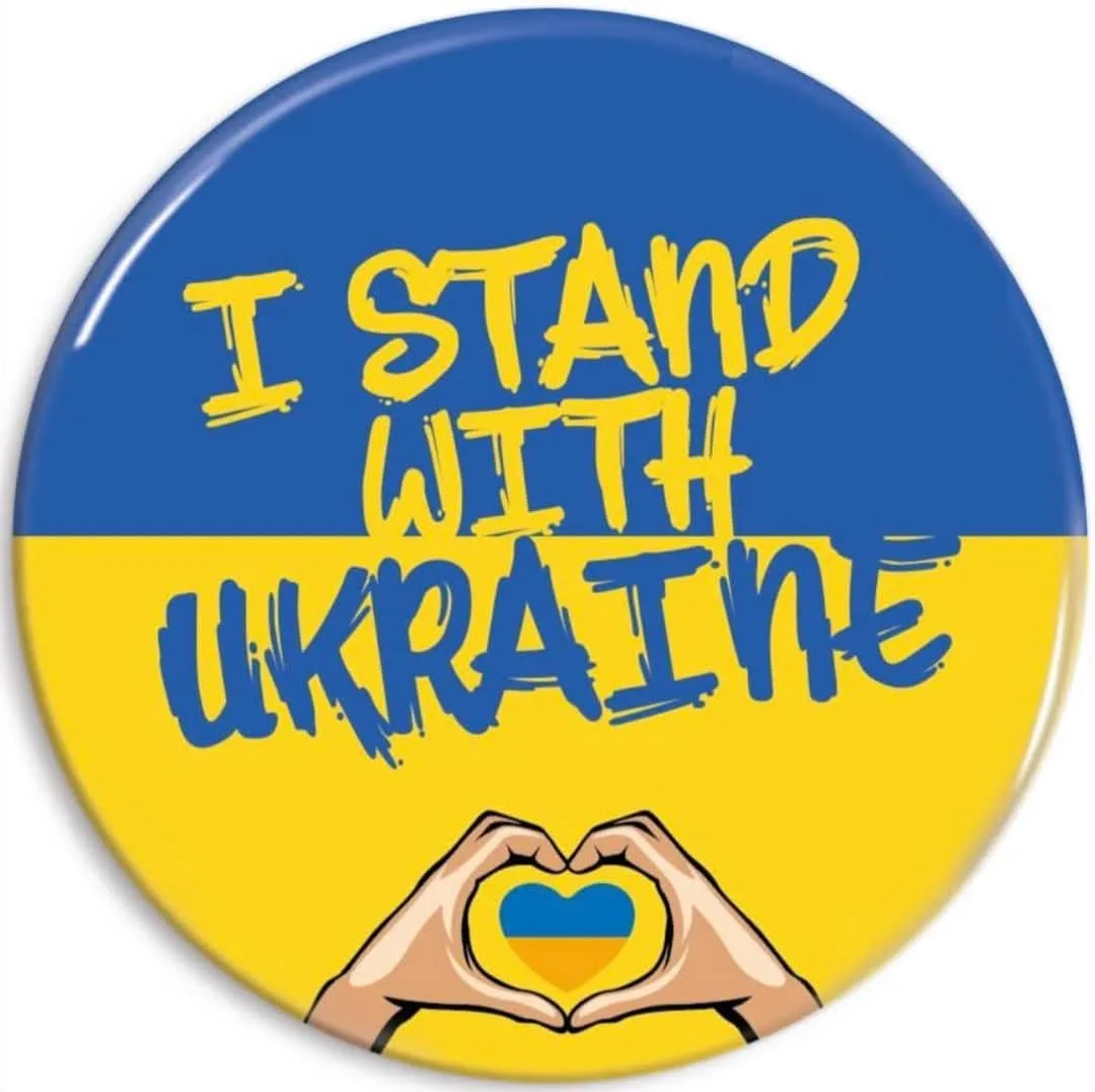 A circular button features the Ukrainian flag's blue and yellow horizontal stripes. Overlaid text in bold, brush-stroke…
