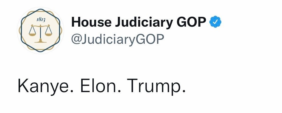 A screenshot of a Twitter post from the verified account 'House Judiciary GOP' (@JudiciaryGOP), which features a logo with…