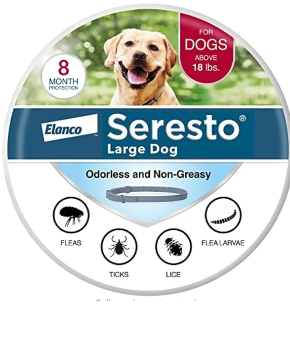 A circular product label for Elanco Seresto Large Dog flea and tick collar, featuring a smiling golden retriever, text…